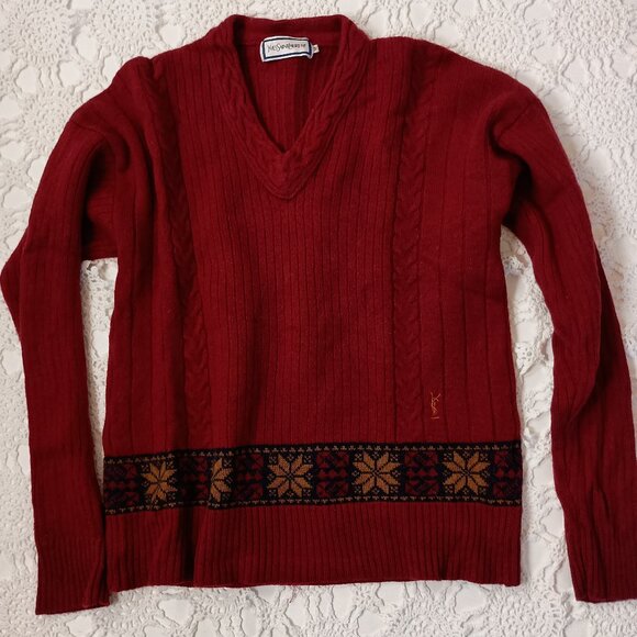 Vtg  Y2K Yves Saint Laurent Sweater Pullover Red 100% Wool Ribbed Medium Women - Picture 1 of 10